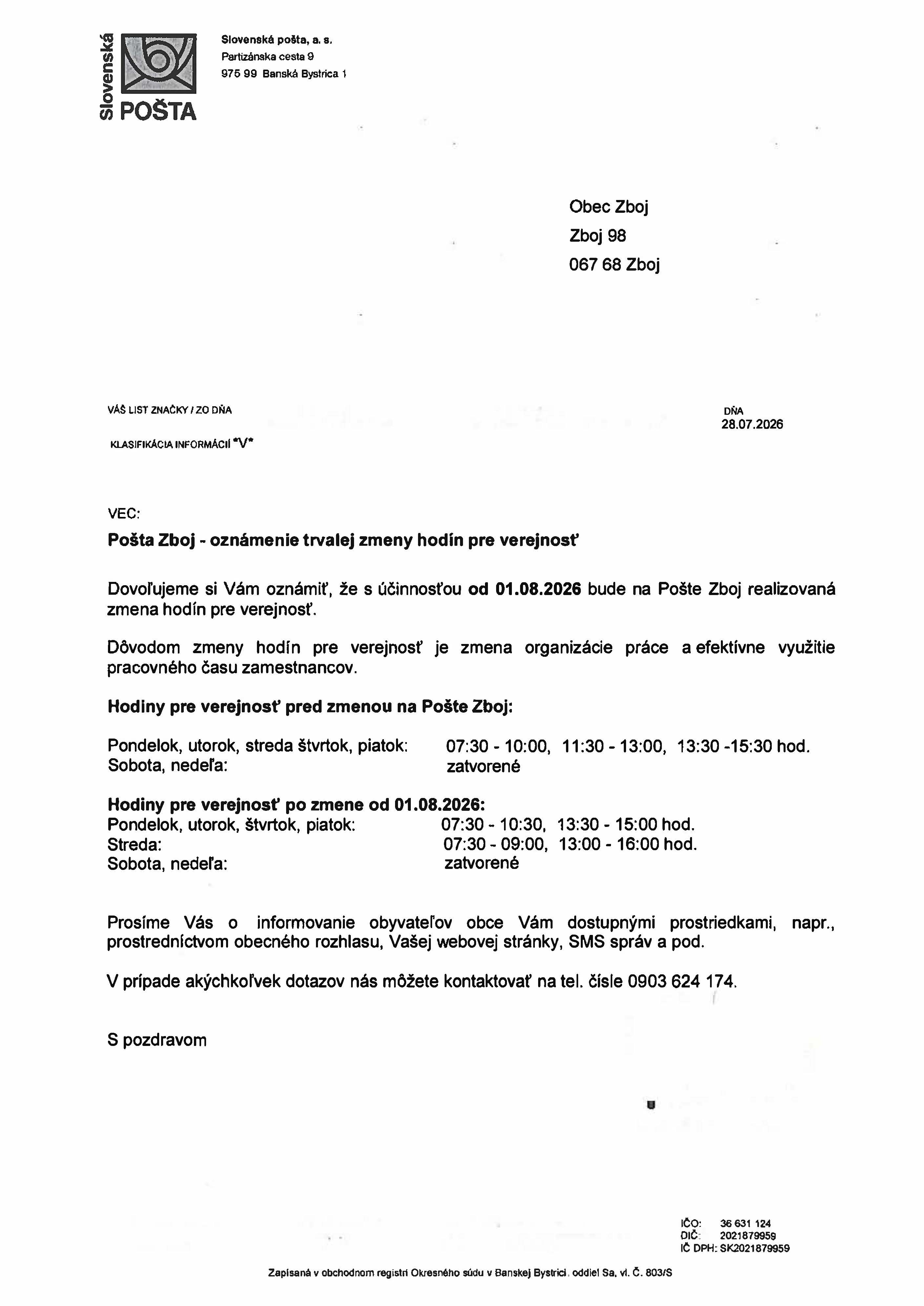 Otváracie hodiny POŠTA  ZBOJ