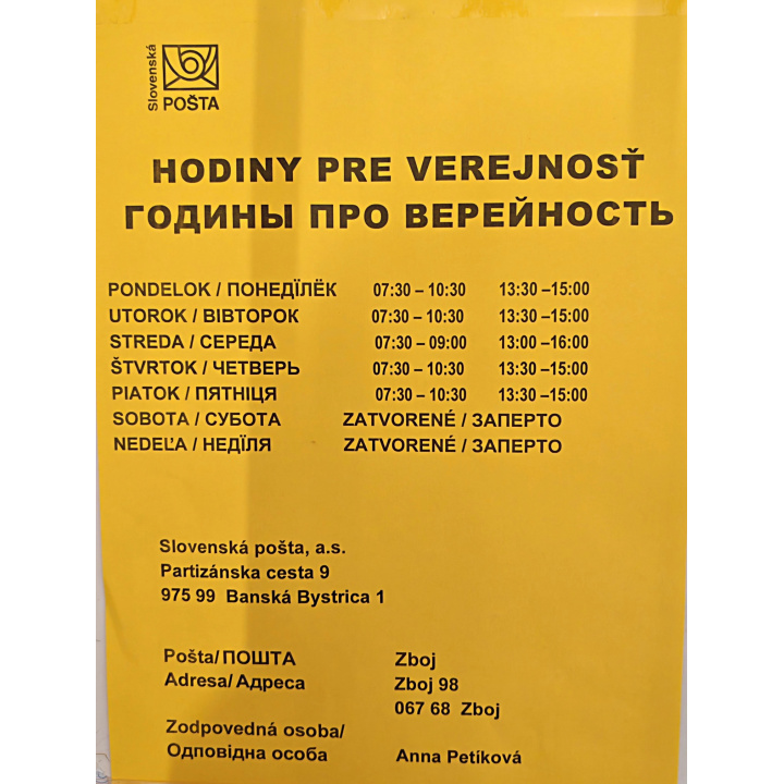 Hodiny pre verejnosť - POŠTA